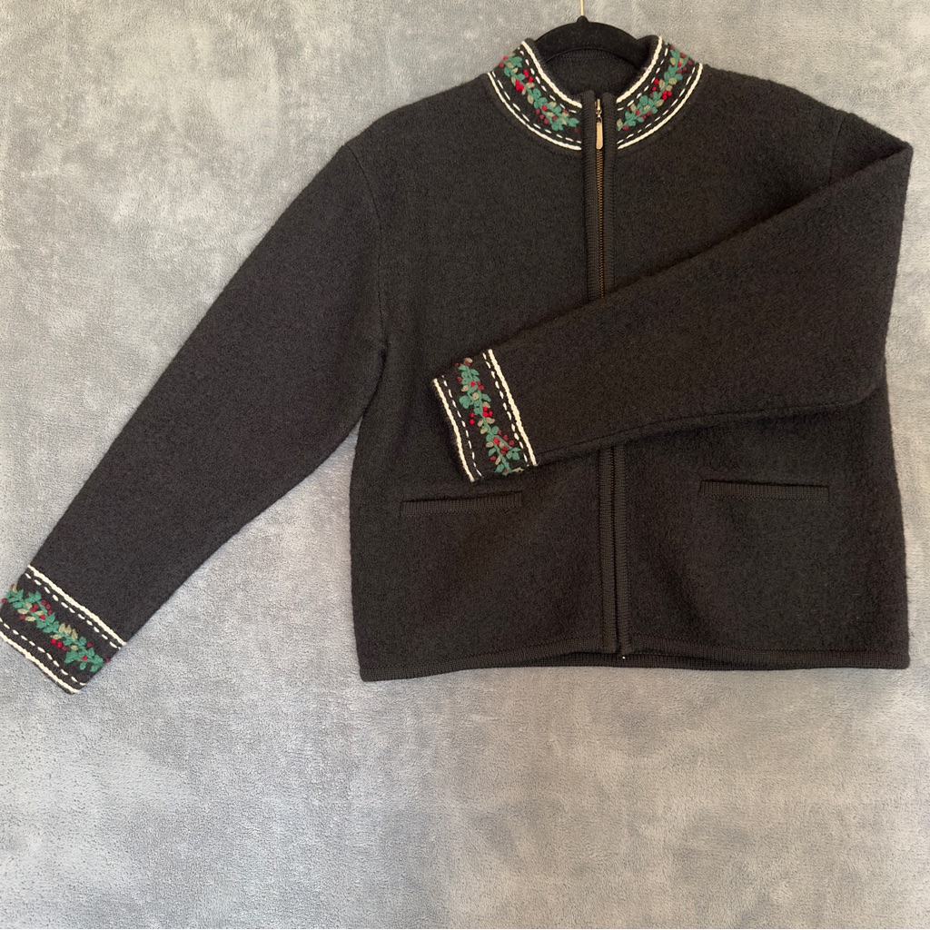 Vintage Alps 100% Wool Black Christmas Holiday Cardigan With Embroidered Accents